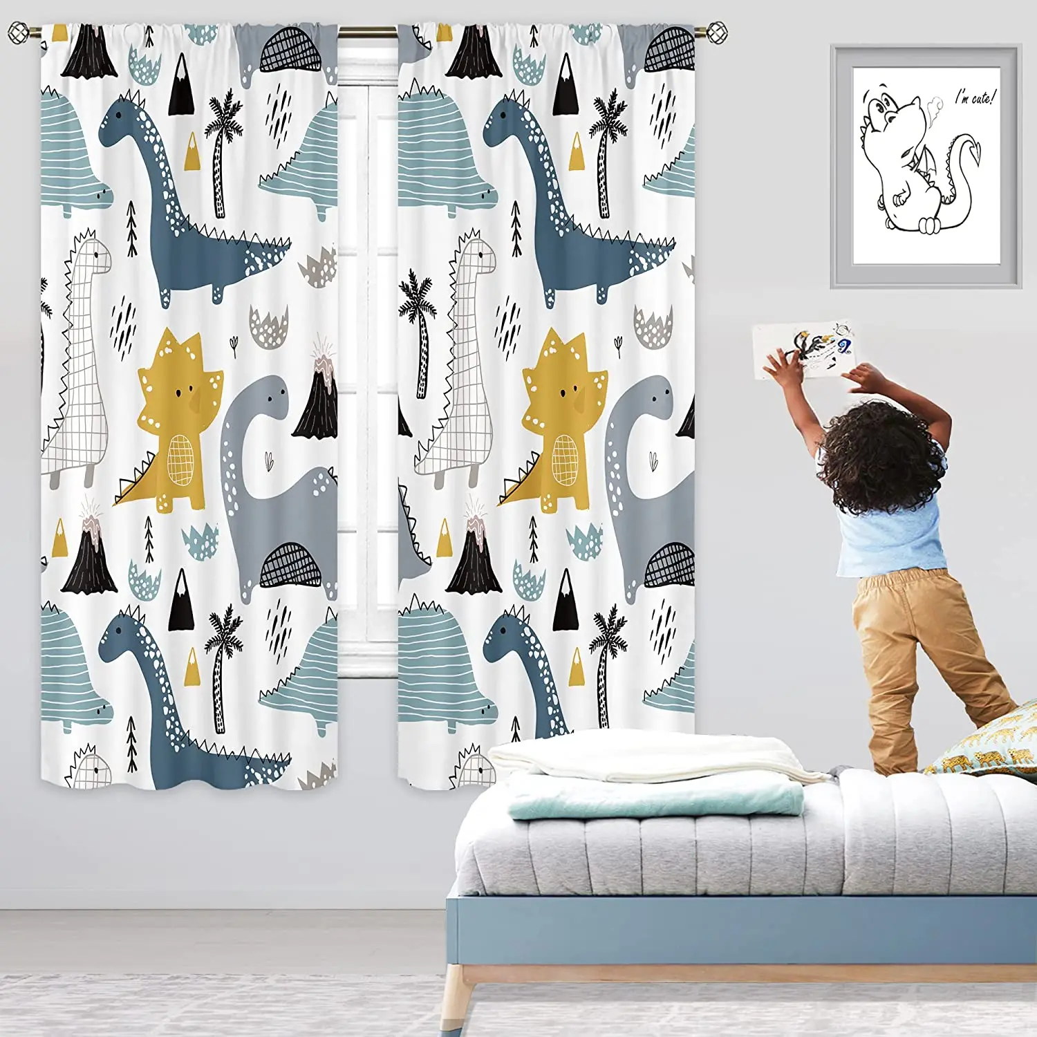 

Cartoon Dinosaur Cute Navy Blue Safari Animal Art Printed Curtains for Baby Boys Bedroom Decor Nursery Children Living Room