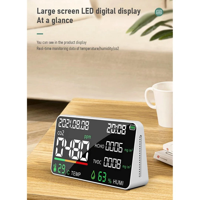 Air Quality Detector Smart Air Quality Tester With HCHO TVOC PM2.5 PM1.0 CO 2 Temperature Humidity And Time Display