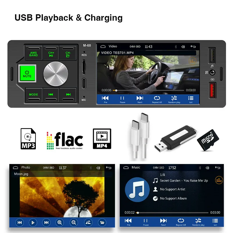 Car Radio, Car Music Player, MP3 Music Player 1 Din Car Radio CarPlay Android-Auto Bluetooth Hand Free Mirroring link 4 inches MP5 Player A2DP USB Audio System Head Unit M60