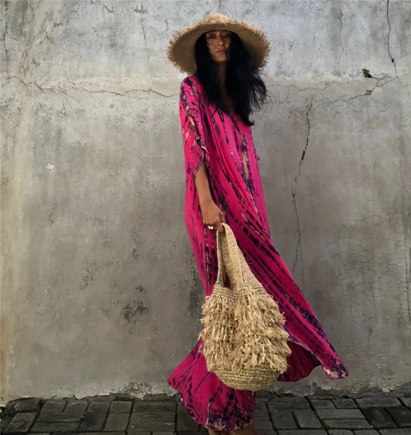 Fashion Casual Striped Print Long Dresses Women Bohemian V-neck Bat Sleeve Loose Slit Beach Dress Summer New Beachwear Vestidos 136 Fashion Casual Striped Print Long Dresses Women Bohemian V-neck Bat Sleeve Loose Slit Beach Dress Summer New Beachwear Vestidos