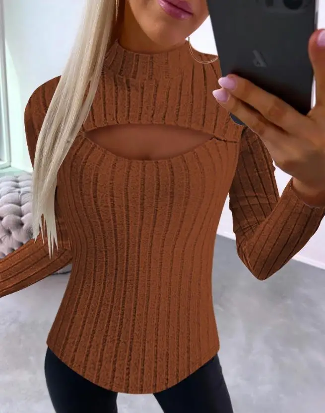 

Women's New 2023 Hot Selling Casual Fashion Standing Neck Hollow Long Sleeve Rib Top In Stock
