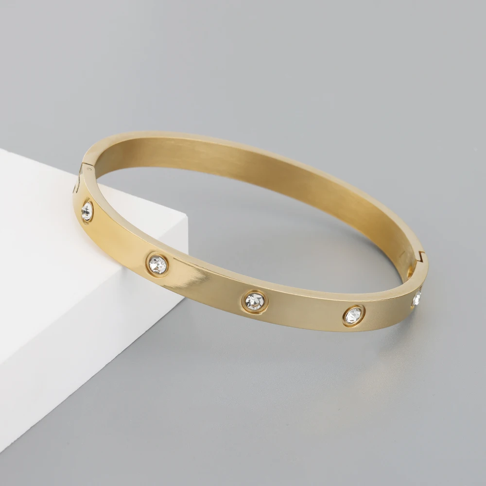 New Fashion Stainless Steel Women's Bracelet Couple Bangle Cubic Zirconia Gold Color Jewelry Gift For Men