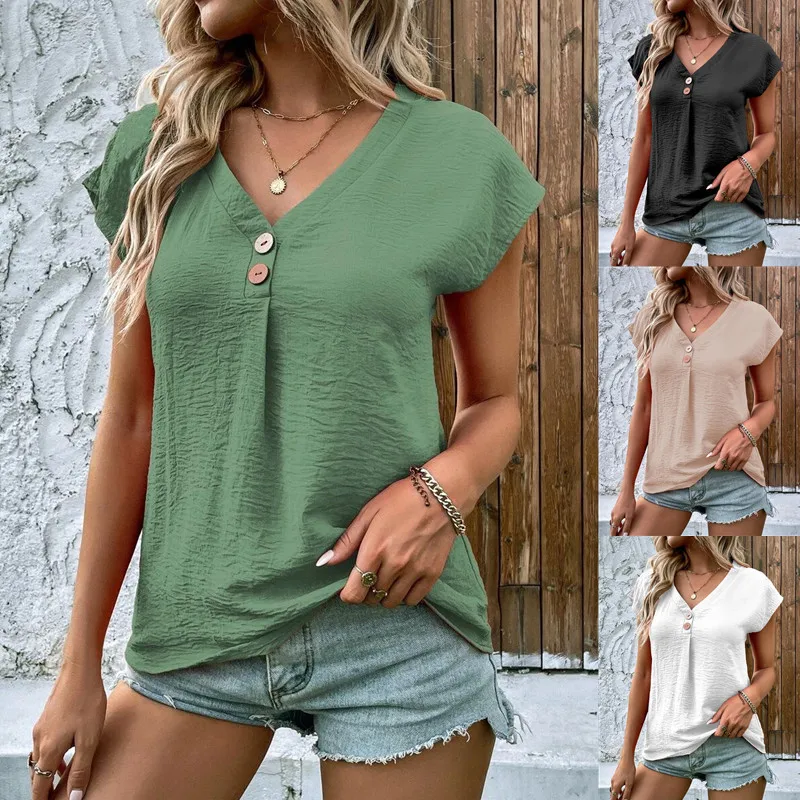 

2023 Spring/Summer Women's Top Women's New Product Top Solid Twist Button Fashion Short Sleeve Women Casual Top