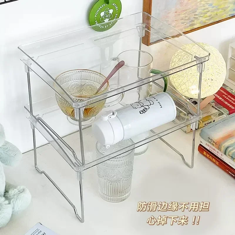 Acrylic folding office desktop multi-layer transparent storage shelf dormitory double height rack