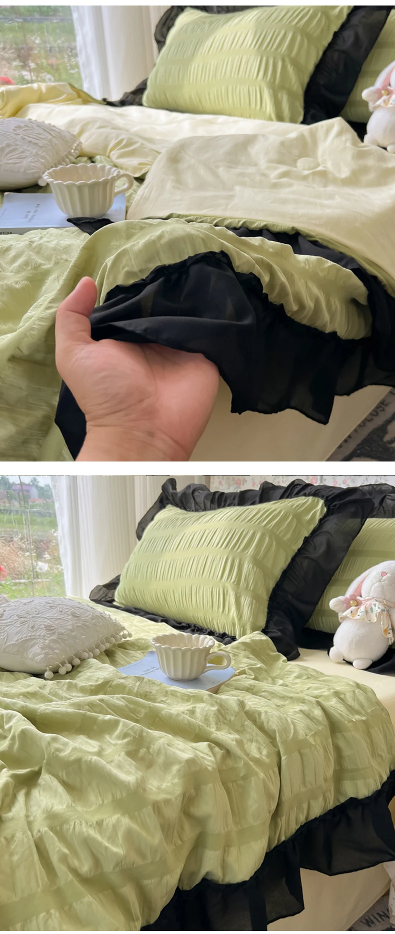 91 Home Textiles Network, the first-hand source of home textiles, looking for Home Textiles (Total) Ziqin 2025 new seersucker Korean version chiffon lace single summer quilt four-piece set