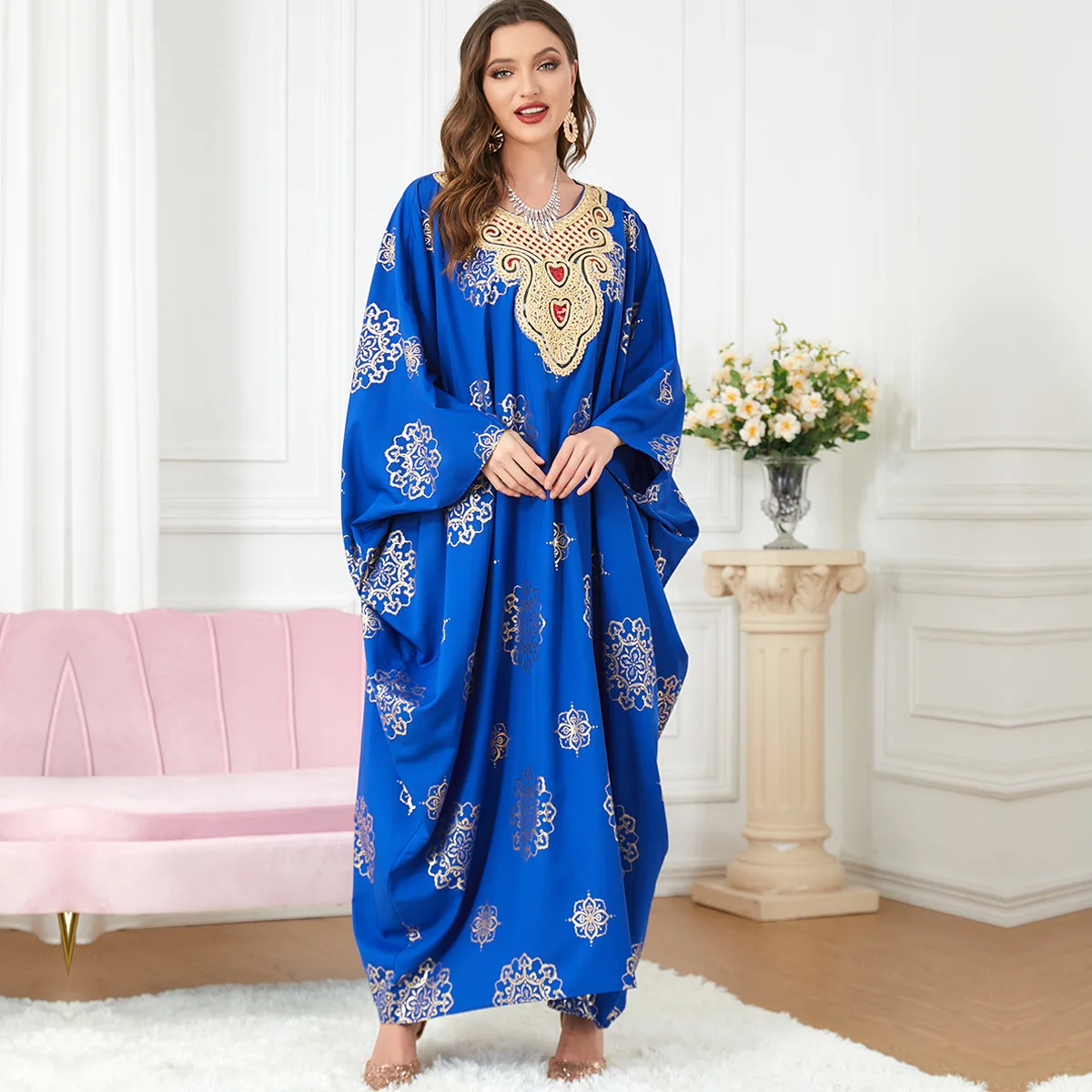 

Роскошное платье Abayas, мусульманское платье с рукавами «летучая мышь», с вышивкой в стиле ретро, рамандайский ИД, длинное платье, кимоно, Юба Тобе, мусульманская молитва