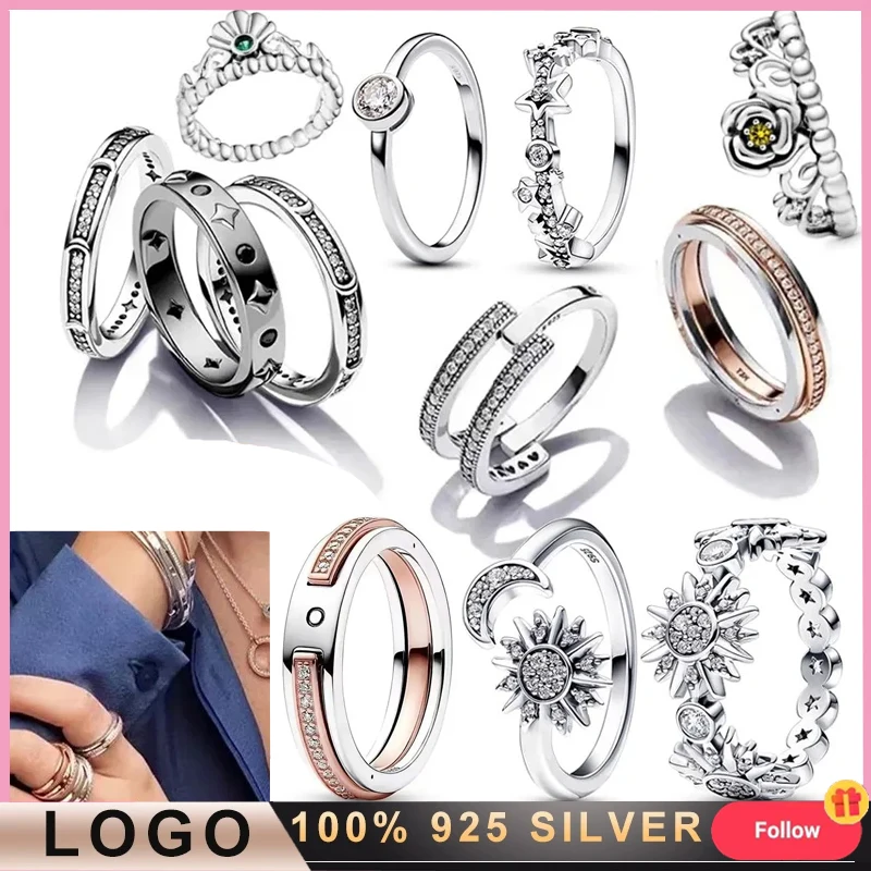 

New Women's Popular Ring% 925 Silver Original Logo Shining Daisy Crown Ring DIY Charming Jewelry Gift Fashion Light Luxury