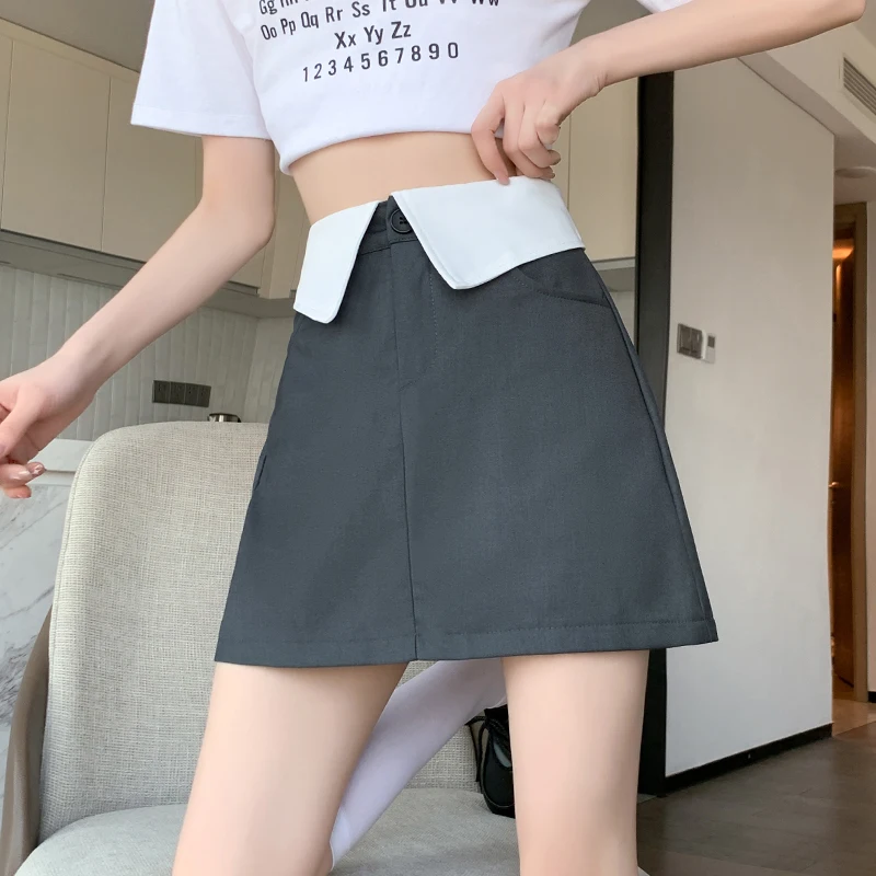 

Summer Mini Skirt Women Korean Bodycorn Shorts Skirt A-Line Casual Gray Designer Contrasting Vintage Y2K Pockets High Waist