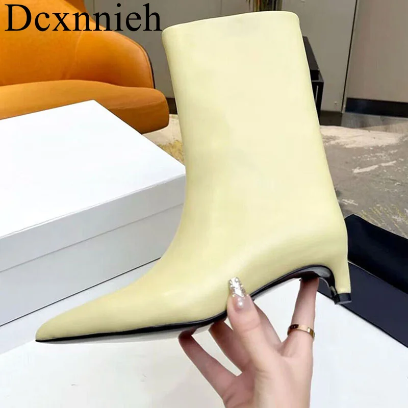 

New Slim Fit Pointed Kitten Heel Mid-Calf Boots Women's Genuine Leather Long Boots Autumn Winter Fashion Versatile Runway Boots