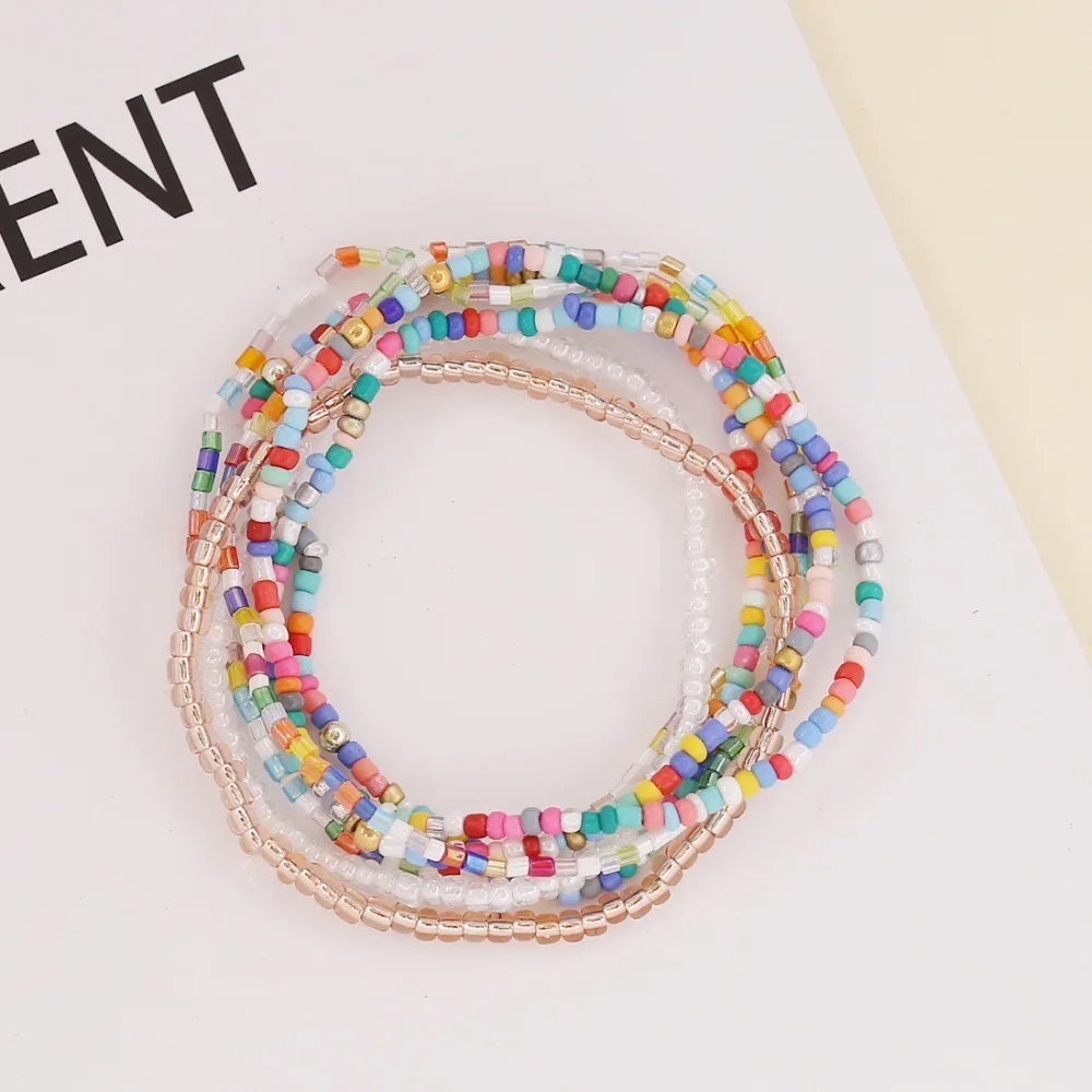 Set 5 Bracciali Perline Boho Multistrato Per Donna, Con Cristalli Colorati, Elastici, Viola Rosa Verde Blu Rosso Giallo