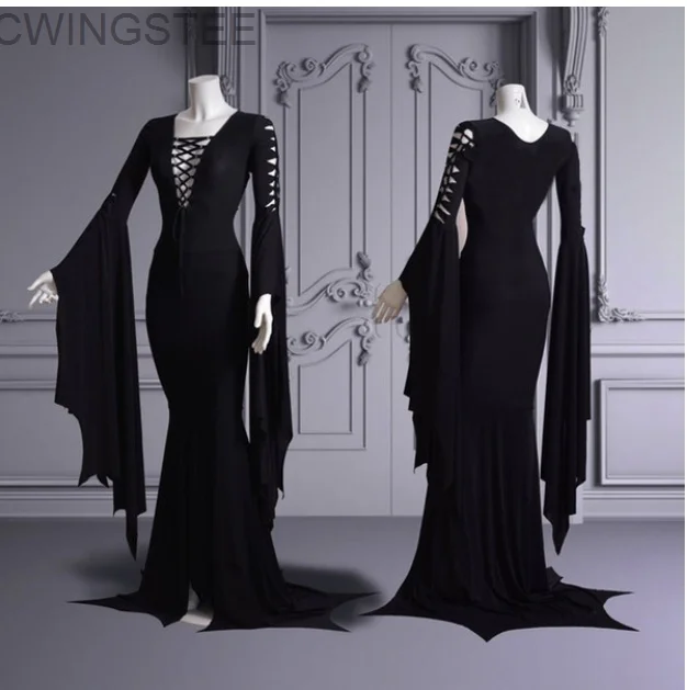 

Платье-пол для костюмированной вечеринки Morticia Addams, костюм для взрослых женщин в стиле панк, готика, ведьмы, винтажное сексуальное облегающее платье на шнуровке на Хэллоуин