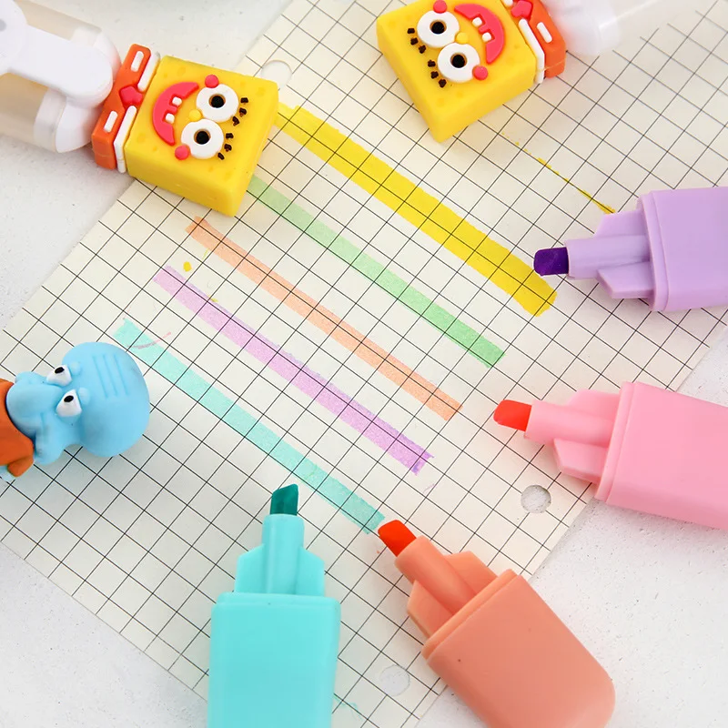 6pcs Spongebob Squarepants Bagged Mini Highlighter Cartoon 6color Diy Handbook Pen Student Marker Supplies Stationery