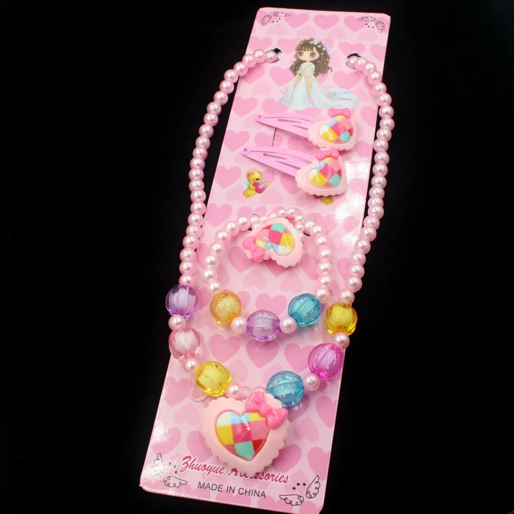 1set Charming Handmade Heart Beaded Kids Jewelry Set - Includes Necklace, Bracelet, Hair Clips Perfect gift for Princess 4