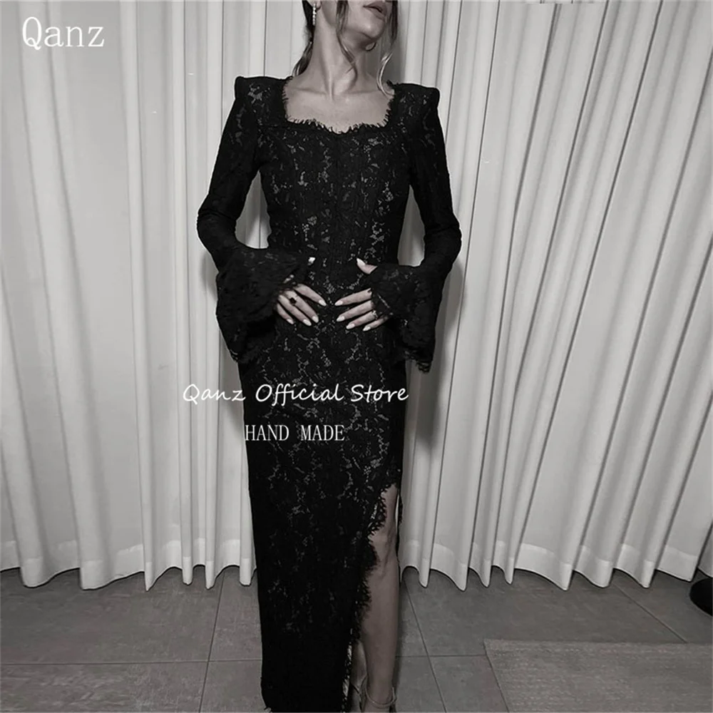 

Qanz Mermaid Prom Dresses 2024 Black Lace Appliques Sexy High Leg Slit Vestidos De Gala 2024 Long Sleeves Robe De Soirée Des Fêt