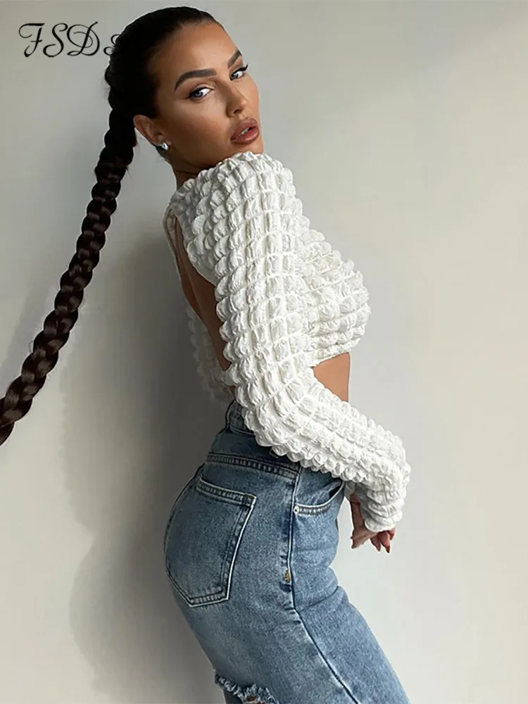 haut court à manches longues et col rond pour femme, blanc, décontracté, Vintage, Sexy, à la mode, printemps été, 2022