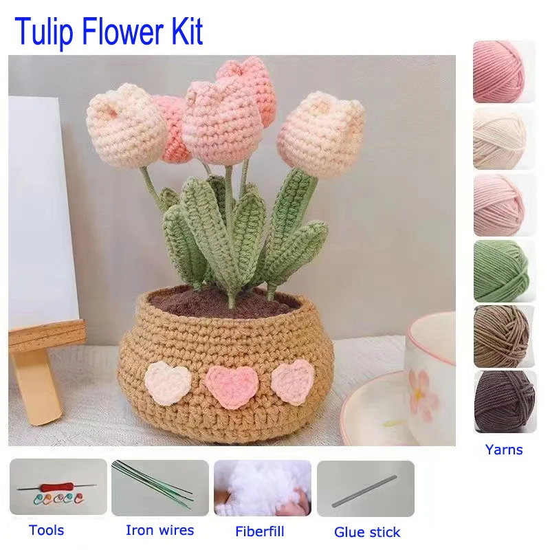 Women Sunflower Daisy Lily Flower Crochet Knitting Kit Tulip Flower Wool  Yarn Thread Cord Crochet Material Kit Beginner Starter