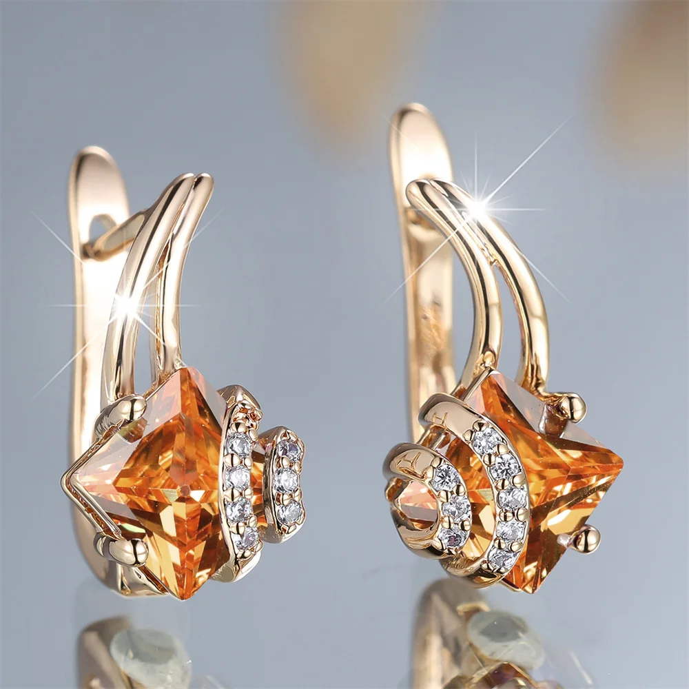 Geometric Champagne Crystal Square Stone Hoop Earrings For Women Vintage Gold Color Ear Buckle Wedding Jewelry Engagement Gifts