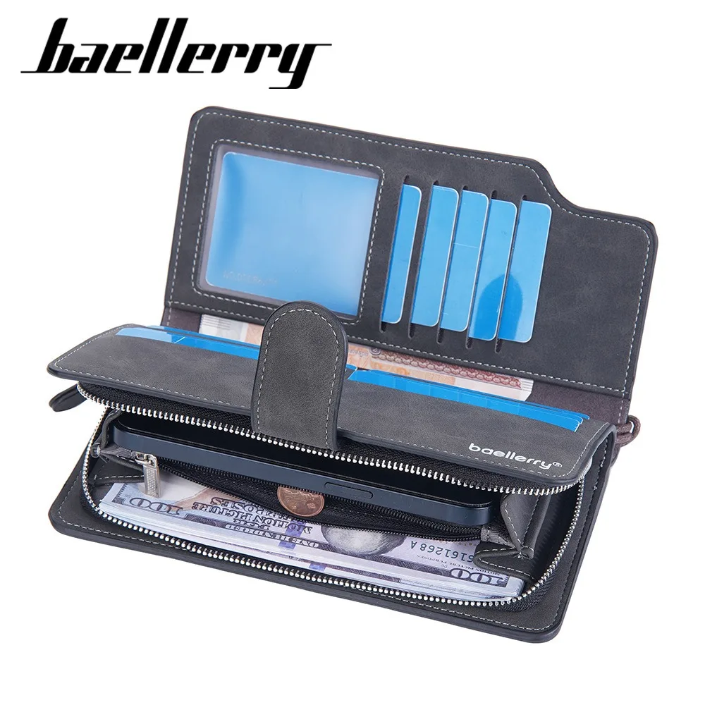 Baellerry Men's Long RfID Wallet PU Leather Zipper Coin Pocket 12 Card Slots Business Travel Gift