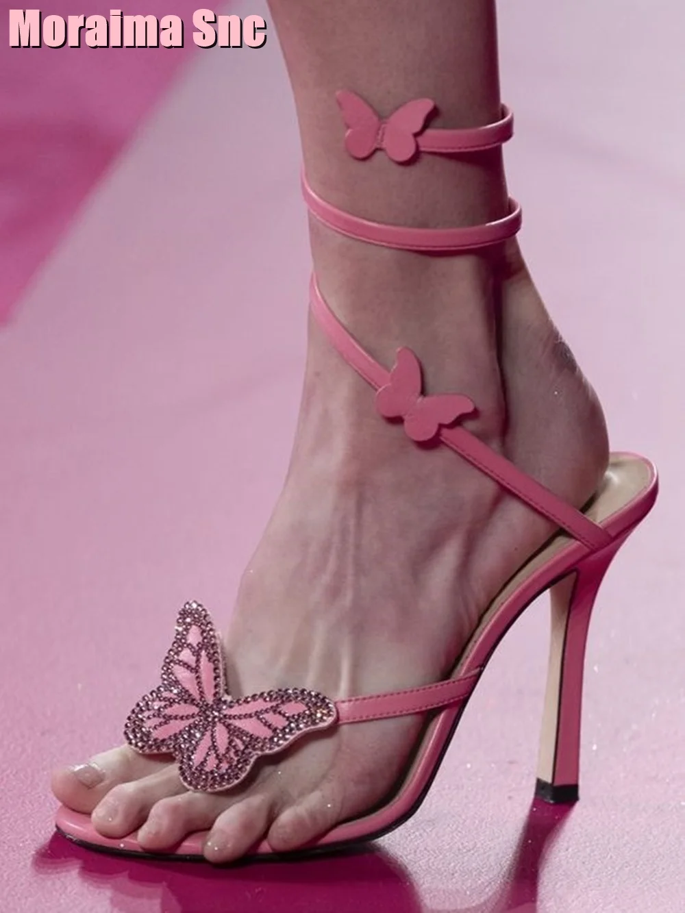 

Crystal Butterfly Wrap Clip Toe Sandals Stiletto High Heels Pink Sexy Women Shoes Solid Summer Fashion Runway Banquet 2023 New
