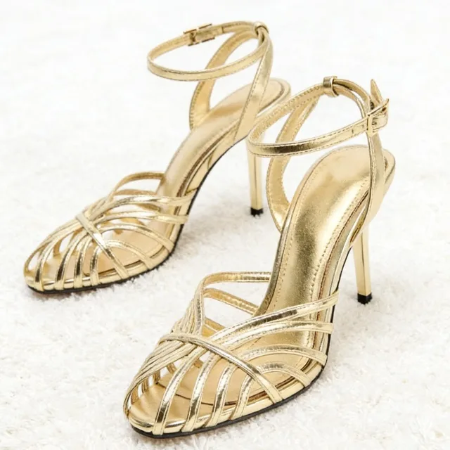 Sexy Gold Hollow Narrow Band High Heel Sandal Women Fashion Ankle Strap Buckle Thin Heel Designer Shoe Elegant Dinner Dress Shoe
