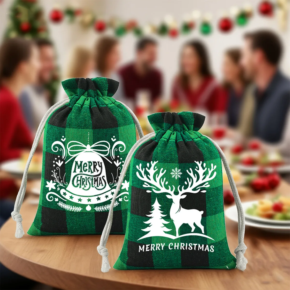 Christmas Plaid Cotton Drawstring Pouch Christmas Candy & Cookie Storage Pouch Christmas Gift Bag Jewelry Packaging Bag