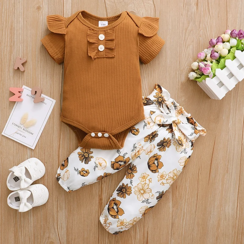 hibobi Baby Girls Bodysuit Infant Girls Clothes Set 2Pcs Floral Print Ruffle Romper & Floral Print Pants Short Sleeve Romper sun baby clothing set