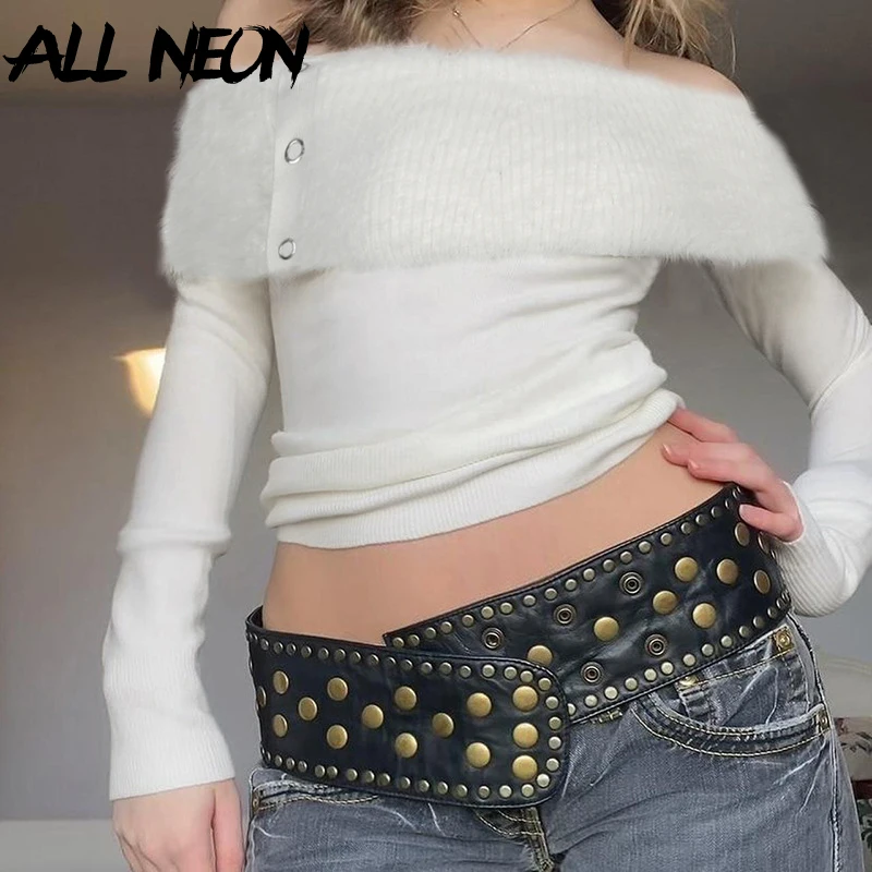 

ALLNeon Fairycore Fur Knitted Button Slash Neck Pullovers Sweaters E-Girls Sexy Off Shoulder Cropped Sweater Y2K Fall Slim Tops