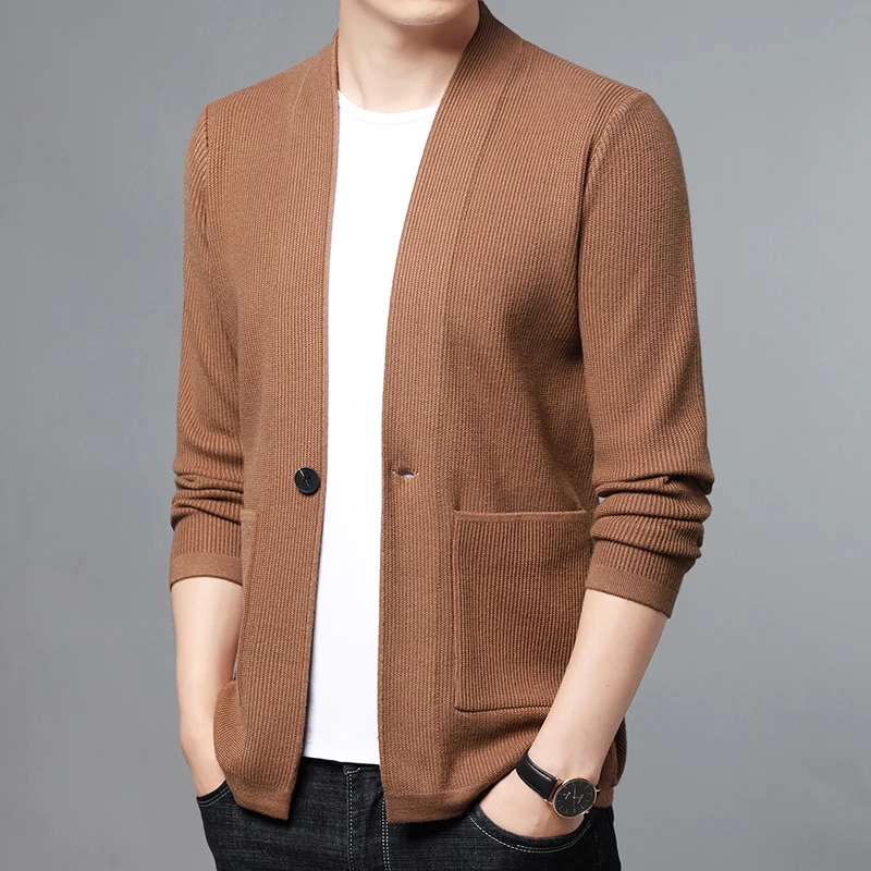 thumbnail image 1 of Chaqueta tipo cárdigan informal de lana para hombre, suéter de punto con botones de estilo formal, abrigo de color liso, 1 of 5