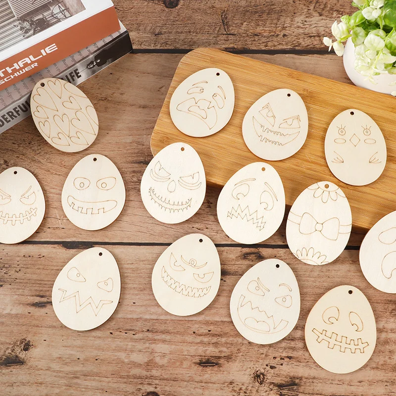 10Pcs Wooden Scary Hanging Crafts Egg Face Ornament For Happy Halloween Party Home Decorations Kids DIY Painting Gifts Supply