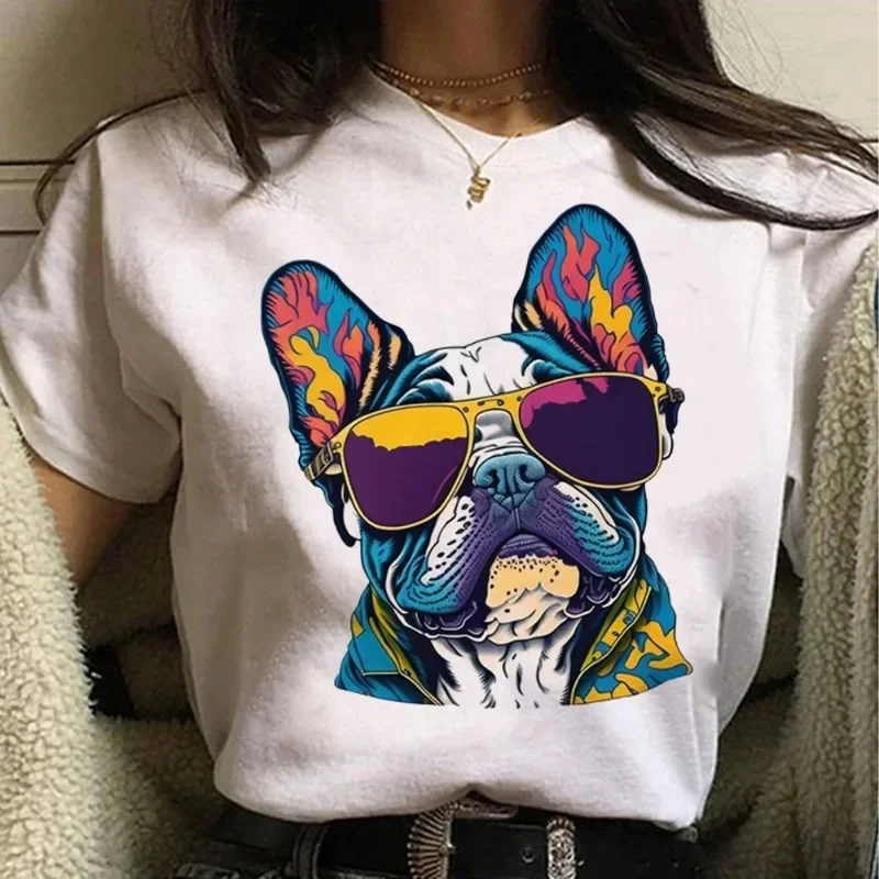 French Sunglasses Bulldog T-shirt Women's Cotton Pattern T-shirt Girls Japanese Clothing Women's Clothing Women's Top Shirt