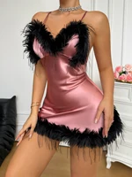 Nouvelle Robe de Nuit Sexy à Col en V avec Bordure en Plumes pour Femmes, Pyjama Élégant à la Mode, Jupe Courte Unie pour la Maison et les Soirées 3