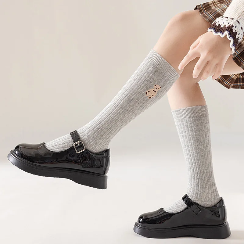 Korean Cartoon Cute Bear Kids Socks White Knee High Long Sock for Toddler Girl Spring Autumn Soft Cotton Children Calf Stocking