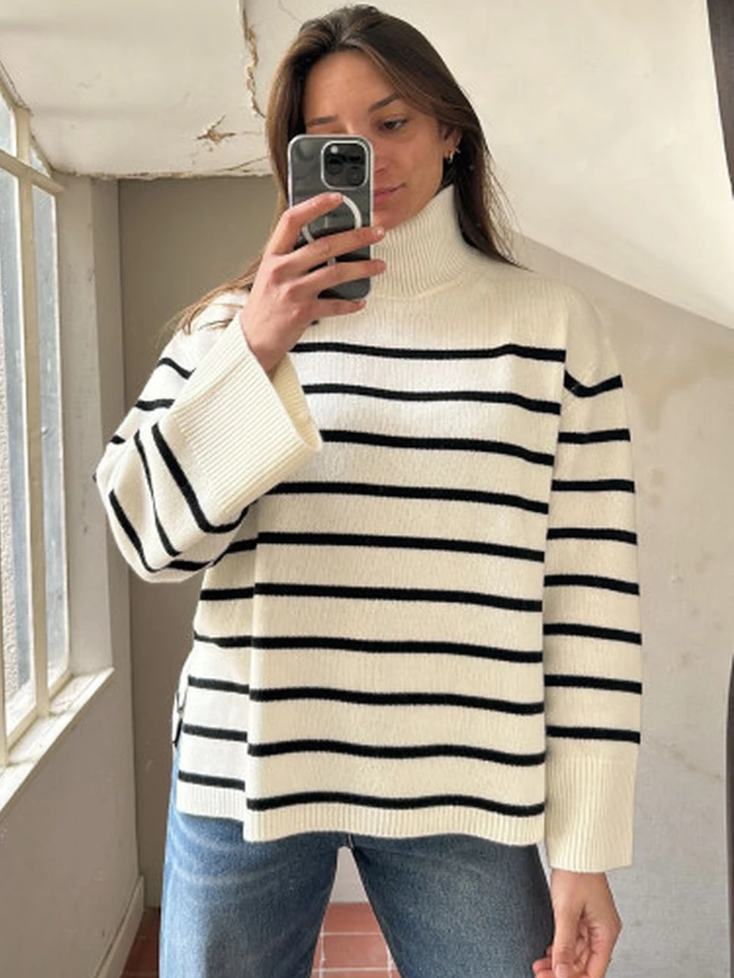 

Wool Slit Hem Designer Striped Sweater Women Autumn Winter Clothes 2023 Turtleneck Fashion Pullover Chic Sweaters Jumpers Female