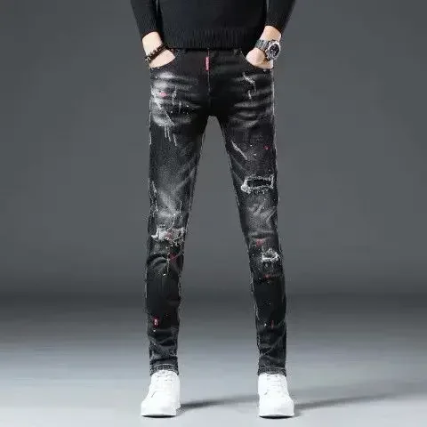 thumbnail image 1 of Pantalones vaqueros para hombre, rotos, rotos, con estampado, ajustados, estilo grunge, Y2k, con agujeros, ajustados, con parches, corte entallado, tallas XS, 1 of 5