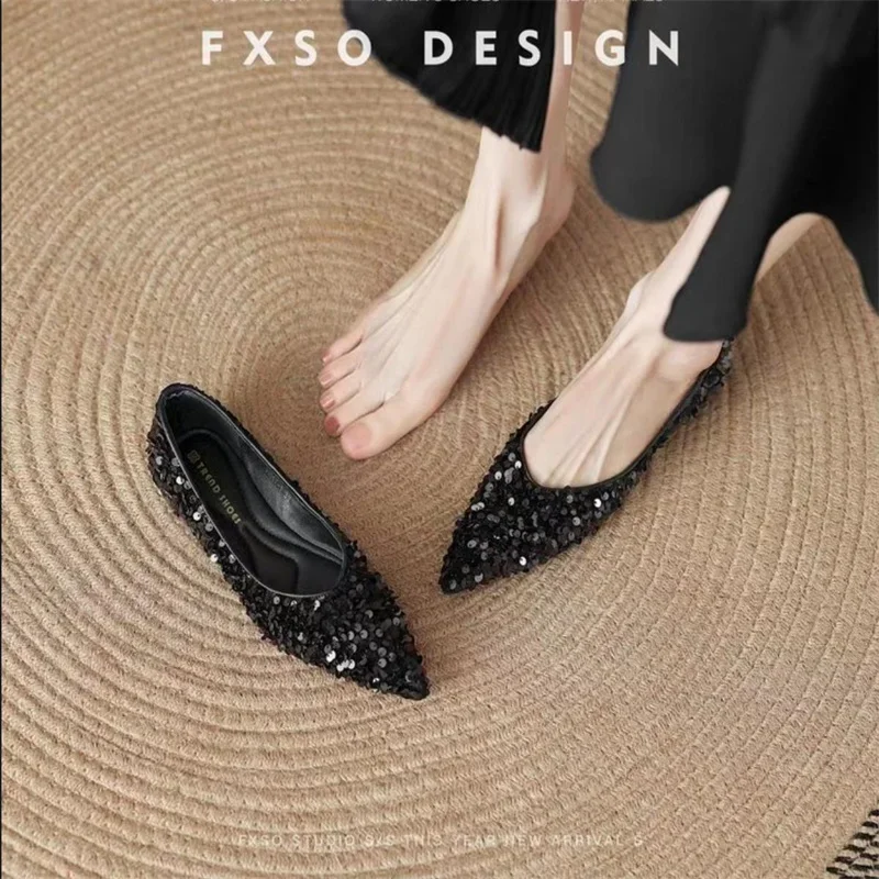 Pointed flat sole single shoe sequin casual versatile soft sole shallow cut women's single shoe women's shoes