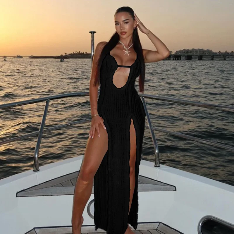 Summer New Sleeveless Women's Sexy Slit Leg Revealing Long Suspender Low Cut Slim Fit Backless Dress