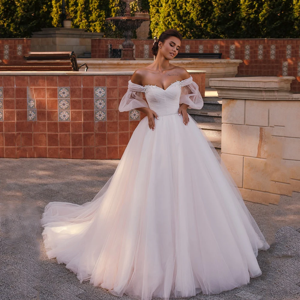 Elegant A-Line Wedding Dresses 2023 Off Shoulder Detachable Sleeves African Bridal Gowns Beaded Sweep Train Tulle Custom Made