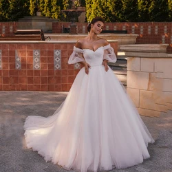 Elegant A-Line Wedding Dresses 2023 Off Shoulder Detachable Sleeves African Bridal Gowns Beaded Sweep Train Tulle Custom Made