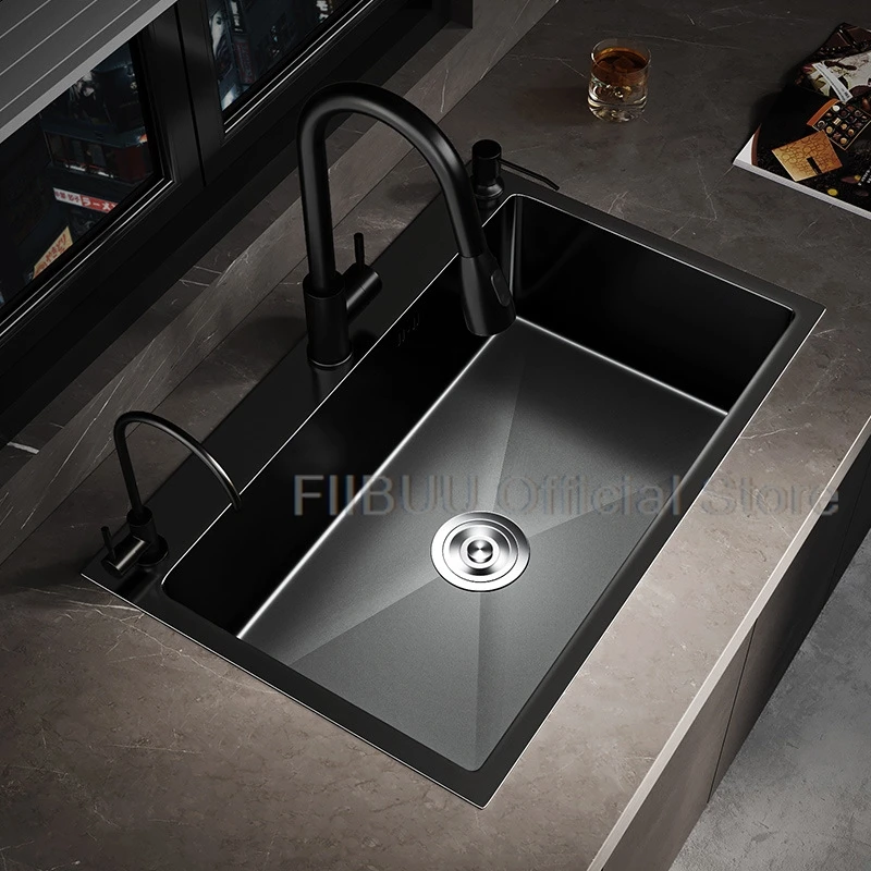 Black Stainless Steel Kitchen Sink Large Capacity Single Bowl Thickened Handmade Multifunctional Basin With Multiple Accessories