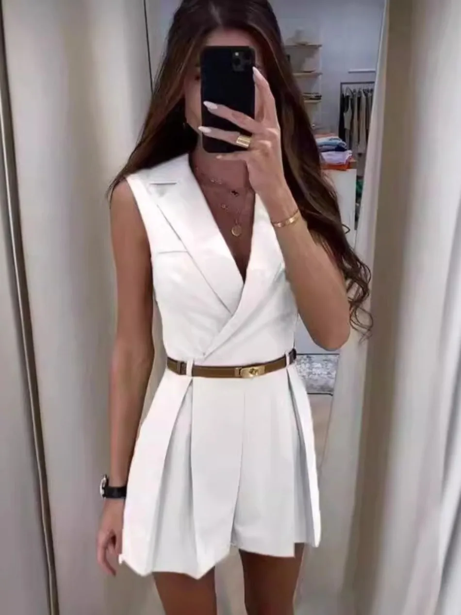 Modischer Einfarbiger Büro-Damen-Shorts-Jumpsuit Neuer Sommer Eleganter Temperamentvoller Jumpsuit Ärmellos mit Revers Schlanker Kurzer Jumpsuit – Detail 6