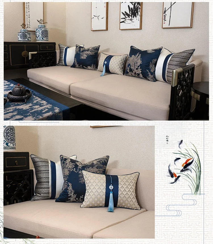 غطاء وسادة كلاسيكي من قماش الجاكار باللون الأزرق ا...