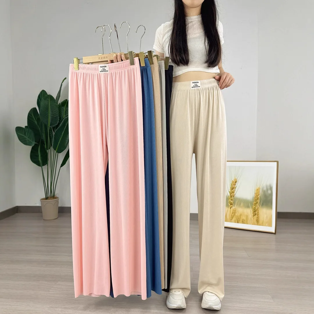 Women’s ice silk wide leg high waist summer floor length casual pants colors