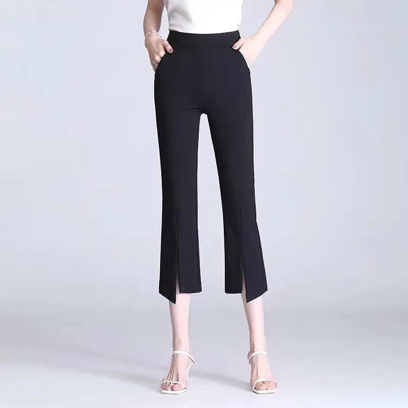 Fashion Simple Versatile Seven Point Split Flared Pants Women New Solid Elastic High Waist Pocket Summer Suit Straight Trousers