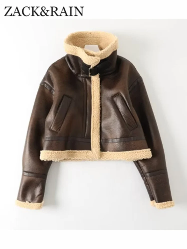 

ZACK RAIN Women Brown Zipper-up Short Laple Jacket 2022 Winter Ladies PU Lamb Woolen Jacket With Pockets Female Thick Outwear