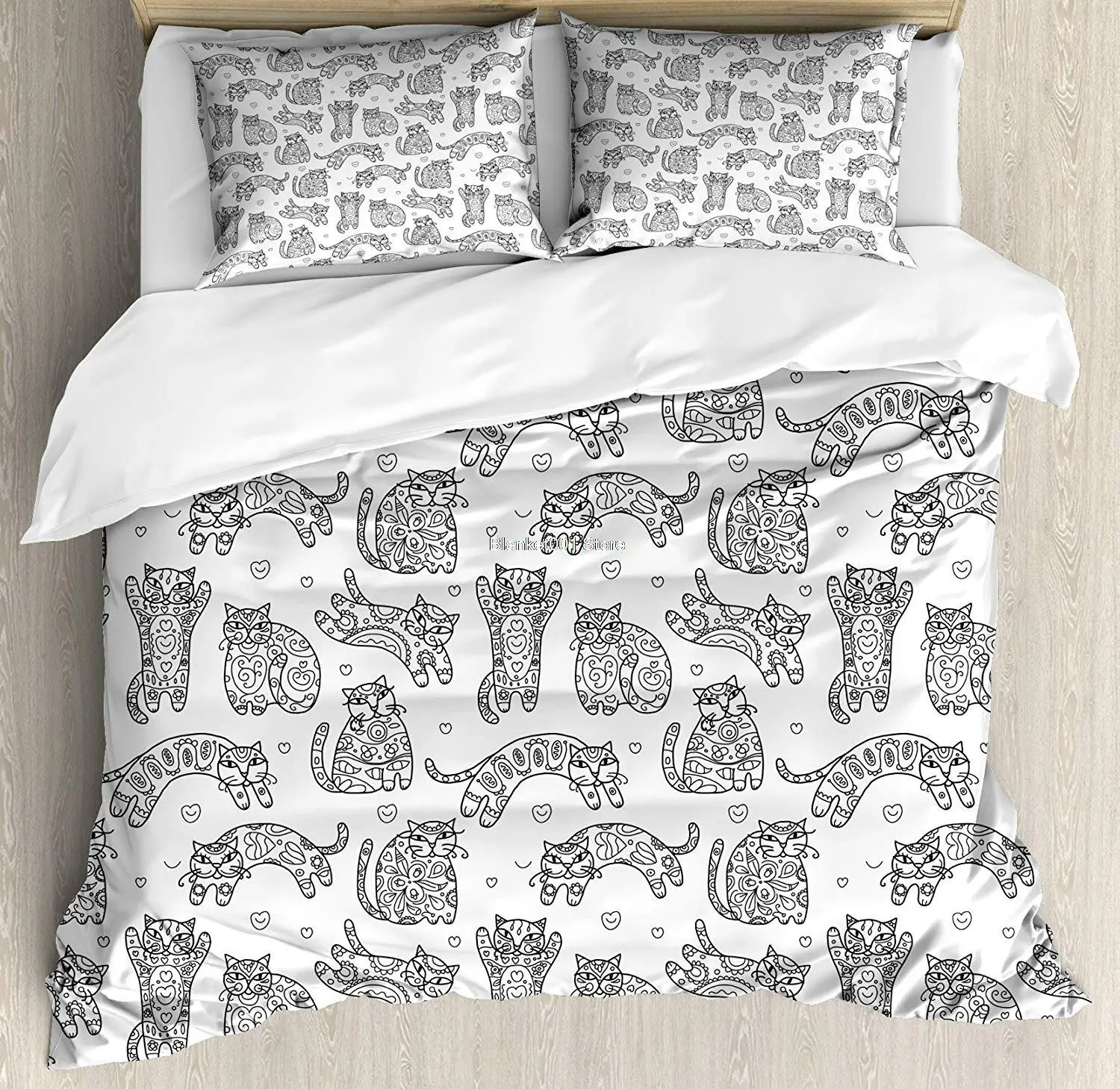 

Cats Duvet Cover Set Ornamental Kittens with Floral Pattern Animal Love Sketch Art Decorative 3 Piece Bedding Set with 2 Pillow
