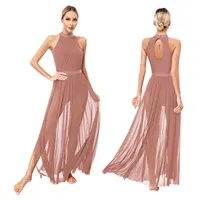 Womens Ballet Dress Lyrical Latin Dance Performance Costume Sleeveless Keyhole Back Shiny Rhinestones Side Split Mesh Maxi Dress
