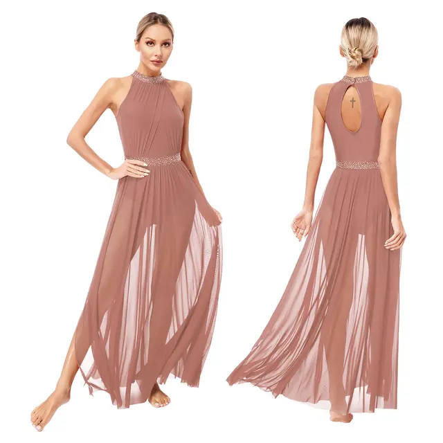 Womens Ballet Dress Lyrical Latin Dance Performance Costume Sleeveless Keyhole Back Shiny Rhinestones Side Split Mesh Maxi Dress