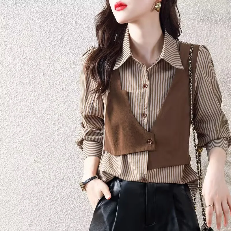 

2023 New Spring Autumn Women Blouses Fashion Stripe Turn-down Collar Blouse Shirt Korean Casual Tops Elegant Work Wear Shirts
