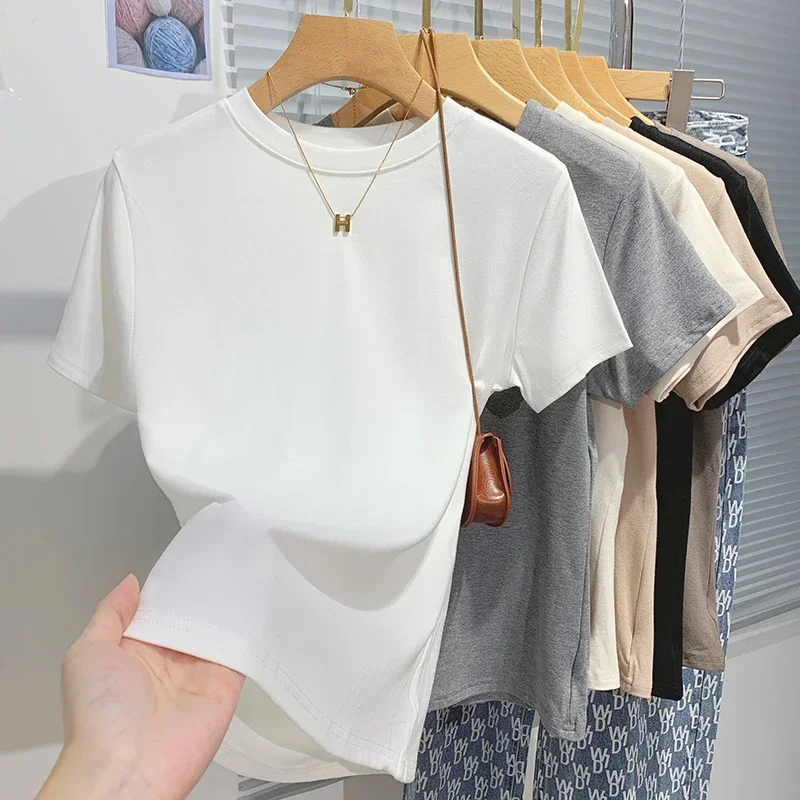 2026 New Women's 100% Cotton T-shirt Bottoming Basic Solid Lady Short Sleeve Tops Shirts Summer T Shirt 4