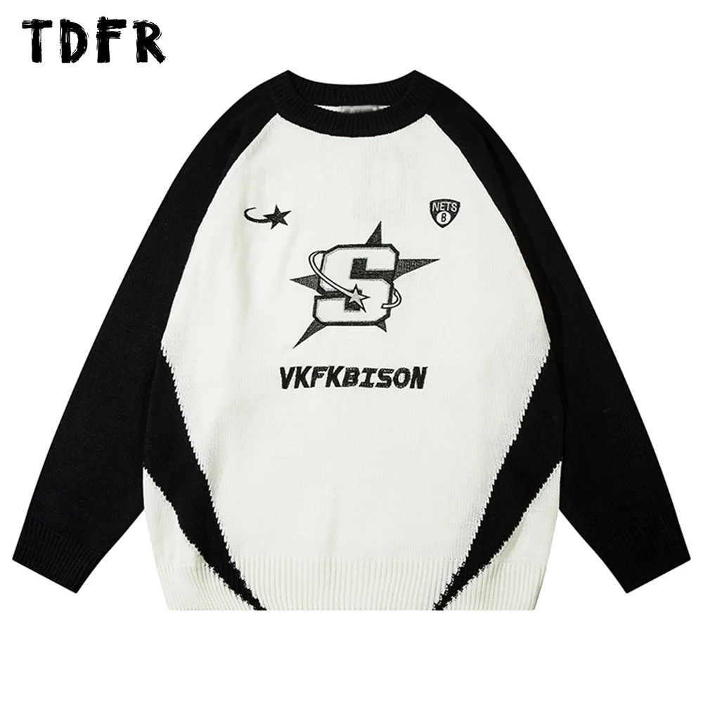 

Letter Jacquard Raglan Sleeve Knitted Sweater Mens Casual Loose Crew Neck Long Sleeve Pullover Men